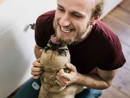 30's blonde caucasian man with beard and bulldog puppy